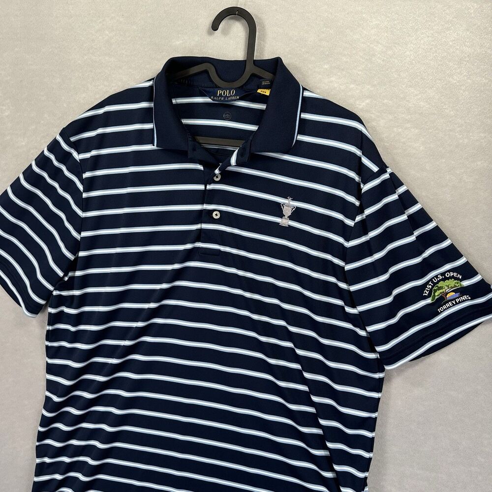 Polo Ralph Lauren Shirt Men's Large Blue Stripe Golf‎ 121st US Open Torrey Pines